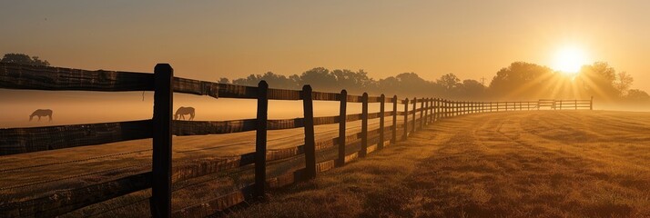 Sticker - Sunrise over a misty field with a wooden fence