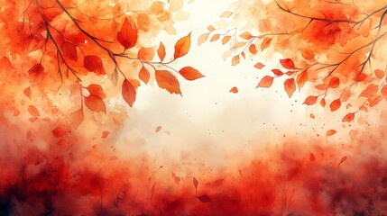 Canvas Print - Autumn leaves falling from tree branches watercolor painting