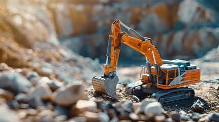 Toy and real excavators on sunny day. Operating construction equipment.