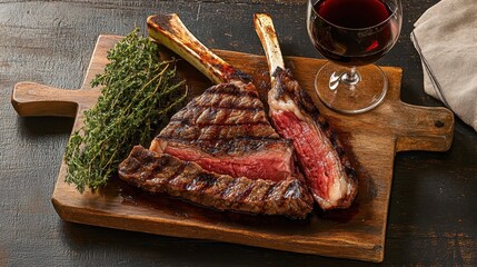 Grilled sliced Tomahawk Steak and glass of wine Sliced grilled ribeye steak, wooden cutting board, red wine glass, vintage knife set, rustic wooden table, dramatic lighting, shallow depth of field