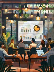Poster - Participants focus on a presentation in a vibrant workspace, surrounded by plants and soft lighting, sharing ideas and insights on data. Generative AI