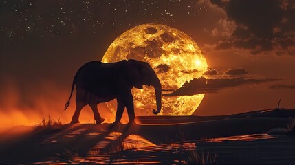 Silhouette of African elephant walking on the sand dune at lunar eclipse 