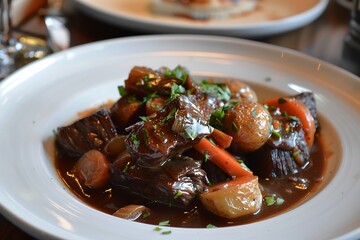 Wall Mural - Beef Bourguignon with potatoes and sauce on a white plate