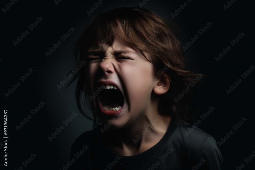 Child shouting loud. Portrait of shocked, angry, emotional little boy screaming and crying against black background. Concept for social problems, dysfunctional families, child abuse, Bullying, Stress