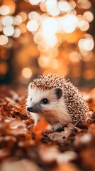 Wall Mural - Hedgehog exploring autumn leaves in golden light