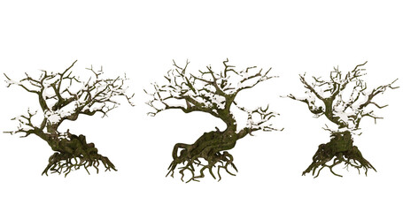  Three bonsai trees with glowing branches isolated on transparent background
