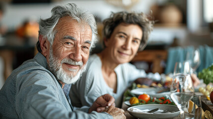 Poster - Romantic Senior Couple Enjoying Intimate Meal at Home with Beautifully Set Table in Cozy Environment