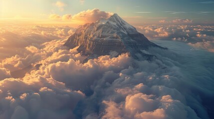 The peak of a natural mountain soaring high into the sky with white clouds floating all over the mountain. The photo is inspiring and imaginative.