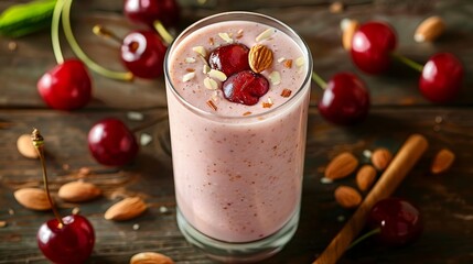 Glass of tasty cherry smoothie on wooden table