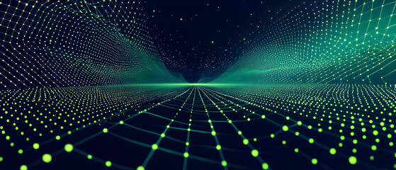 A vector illustration of a fast-paced technology concept, flat colors with a gradient from black to neon green. Dots and lines create a dynamic, perspective-based web, with the vanishing point