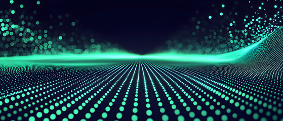 A vector illustration of a fast-paced technology concept, flat colors with a gradient from black to neon green. Dots and lines create a dynamic, perspective-based web, with the vanishing point