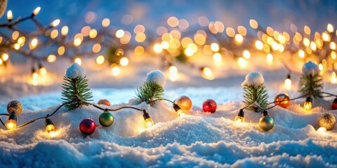 Beautiful festive Christmas scene with snow and Christmas lights, Christmas, festive, winter, holiday, scene, snow