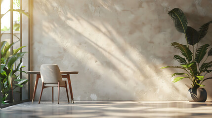 Wall Mural - A minimalist room with a single chair and a potted plant, bathed in warm sunlight.