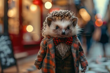 A fashionable hedgehog donning a bowtie and blazer explores the bustling streets of a popular tourist spot.