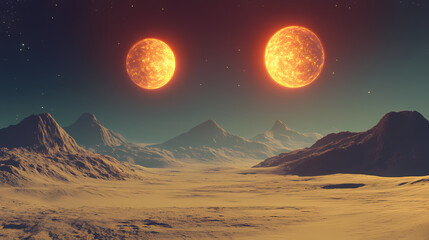 a rocky, barren landscape with two large, glowing orbs in the distance