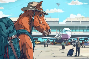 Wall Mural - A cheerful, hat-wearing horse with a backpack, taking in the sights and sounds of a busy airport 