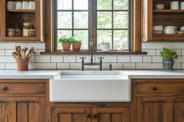 Wall Mural - The kitchen features a white farmhouse sink surrounded by wooden cabinets, potted herbs on the windowsill, and natural light streaming in.