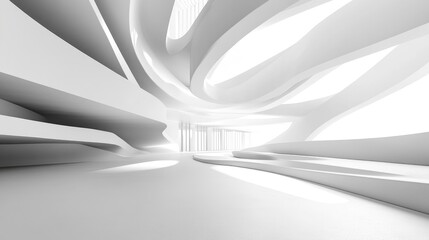 Abstract architectural background featuring smooth white surfaces and gray lines 3D illustration and rendering