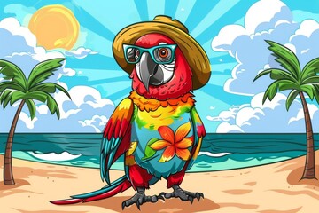 A happy parrot soaks up the sun at the beach, wearing a fun touristy outfit. The perfect illustration for a summer vibe.