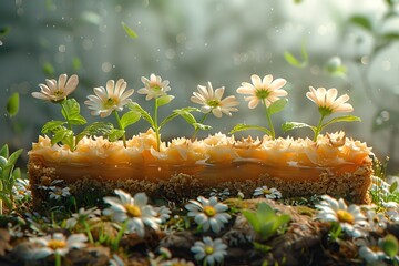 Daisies Growing From Caramel Cake