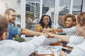 Aufkleber - People, support and hands together for team building, company and business meeting in office. Group, employees and happy for diversity, project and cooperation for collaboration, creativity or career