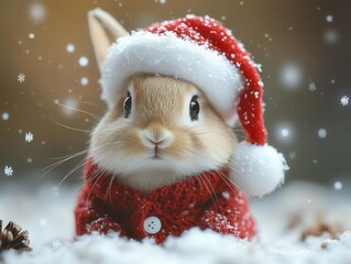 whimsical holiday scene tiny white bunny wearing miniature santa hat and coat surrounded by gently falling snowflakes in cozy setting