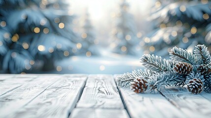 A white wooden table stands empty against a blurred winter holiday backdrop