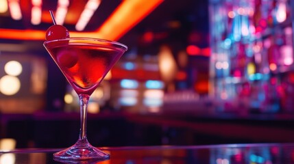 Red Cocktail on Bar Counter in Neon Lights