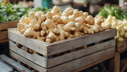 Fresh ginger roots stacked in a wooden crate at a vibrant market, highlighting the organic essence and culinary use.