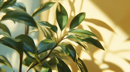 Sticker - Green Leaves Casting Shadows on a Yellow Wall