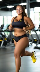 Wall Mural - Woman exercising on treadmill in gym, sweat dripping from her forehead