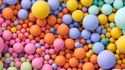 Wall Mural - Colorful matte soft balls in pink orange yellow tones and different sizes. Background with many colored big and small random spheres. Flat lay with lots of different colored orbs. Vector background