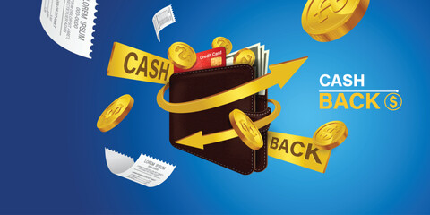 Cash back credit card with cashback icon and flying coins on blue background. Credit or debit card refund money, online payment, Money-saving, money transfer, coins. 3d vector illustration