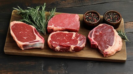 Fresh raw beef cuts, juicy ribeye steak, bone-in striploin, marbled tenderloin, salami slices, vintage butcher knives, peppercorn blend, coarse sea salt, rosemary sprigs, aged rustic wooden surface