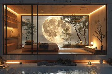 Wall Mural - A bedroom with a large moon in the window