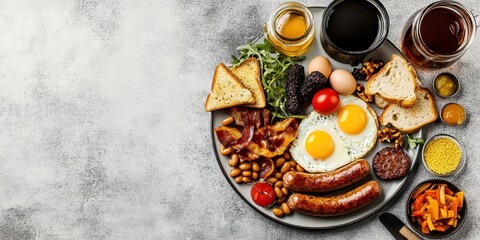 Full English breakfast, platter of sausages, bacon, black pudding, eggs, baked beans, grilled tomatoes, mushrooms, toast, potato waffles, condiments, beverages, rustic table, top view