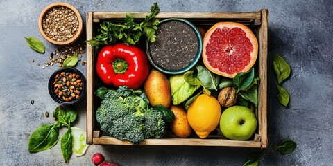 Healthy fruits and vegetables, wooden crate with assortment of fresh produce including avocado, blueberries, grapefruit, broccoli, apples, herbs, linseed, almonds, dried berries, turmeric, greens, gra