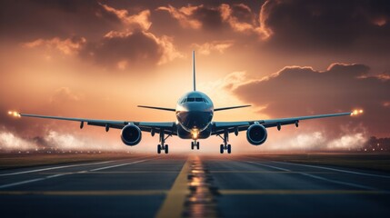 The plane is taking off from the airport runway. From the engine shows the power of flight.