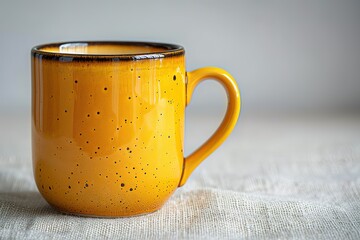 a yellow coffee mug with a brown rim sits on a table