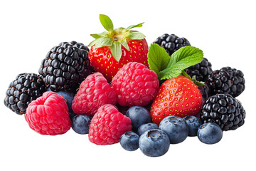 colorful berry medley, fresh strawberries, blackberries, raspberries, and blueberries on transparent
