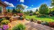 © sawaratch - Backyard oasis on a sunny day with green grass, colorful flowers, wooden deck, and clear blue sky