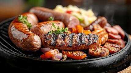 Wall Mural - A close-up of a sizzling platter with assorted grilled sausages, including bratwurst, chorizo, and Italian sausage, garnished with onions and peppers.