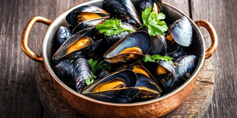 A close-up of a rustic copper pot filled with steaming hot mussels, their shells slightly open revealing their orange flesh, garnished with fresh parsley on a weathered wooden table, cinematic moody l