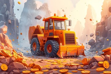 A large orange truck is driving through a rocky area with a pile of gold coins o