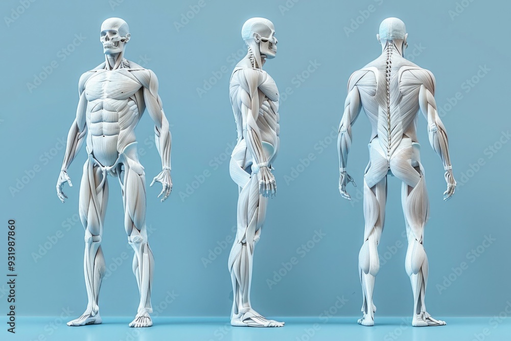 Humand Body Figure model of a human figure shown from front and profile against a blue ...