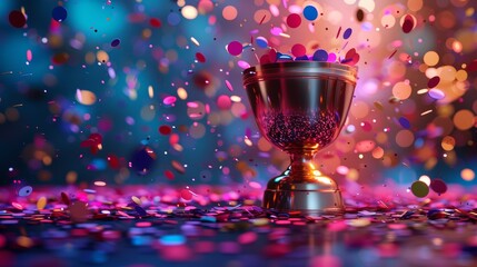 A modern 3D illustration of a digital trophy surrounded by confetti, celebrating the champion's success.