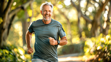 Wall Mural - Active Senior Caucasian Man Jogging in Scenic Park on Sunny Day, Healthy Lifestyle Concept