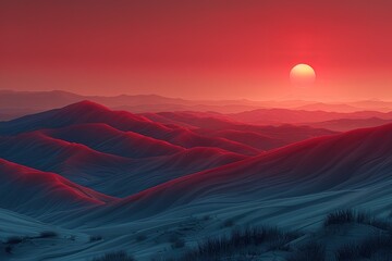 Wall Mural - A sunset over a desert landscape with mountains in the background