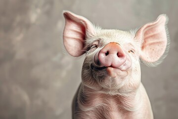 Close-Up Portrait of a Happy Pig Smiling with Eyes Closed on a Neutral Background