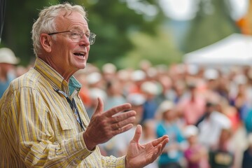 Influential Senior CEO Engaging in Charity Public Speaking Event with Diverse Crowd in Wide Shot Background